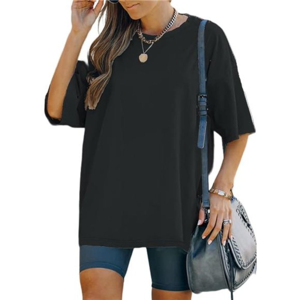 Oversized T Shirts Short Sleeve Loose Fit Crewneck Plain Tunic Tops For Women - Picture 4 of 7